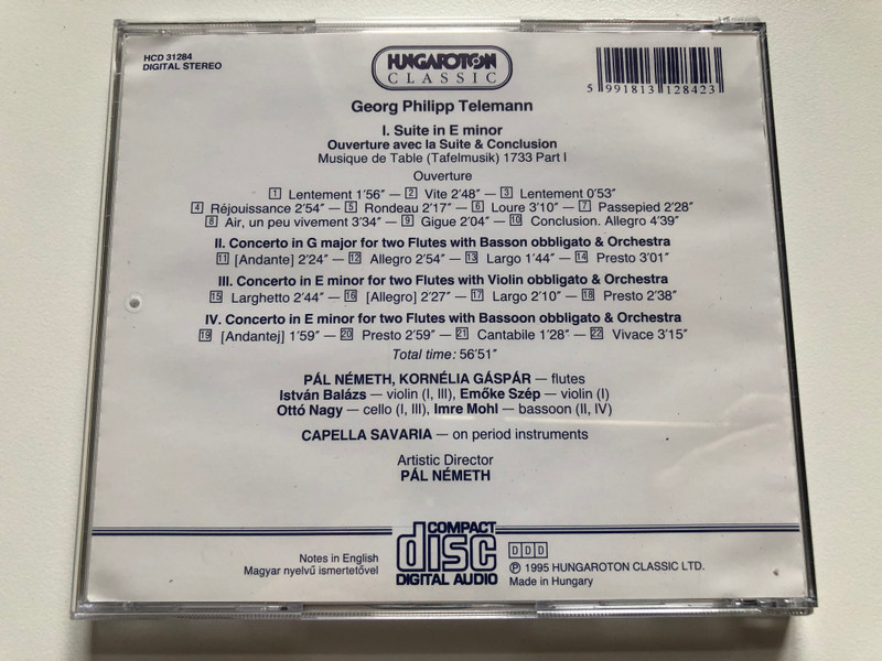 Georg Philipp Telemann - Suite In E Minor (Musique De Table) - 3 Double Concertos / Pál Németh, Kornélia Gáspár (flutes), Capella Savaria / Hungaroton Antiqua / Hungaroton Classic Audio CD 1995 Stereo / HCD 31287
