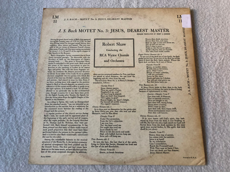 J.S. Bach - Robert Shaw Conducting The RCA Victor Chorale And Orchestra – Motet No. 3 Jesus, Dearest Master = Jesu, Meine Freude  RCA Vitor  LP VINYL 2S2926