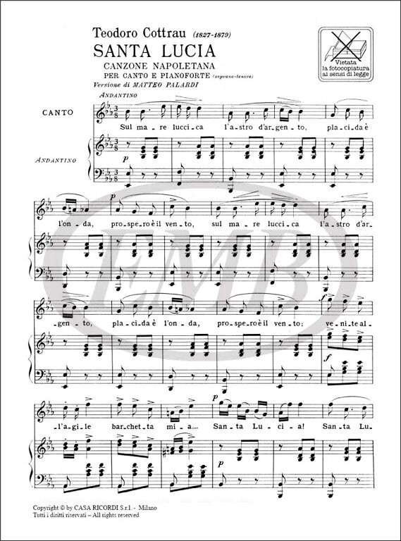 SANTA LUCIA / Arranged by Cottrau, Teodoro / Ricordi / 1984 / Feldolgozta Cottrau, Teodoro
