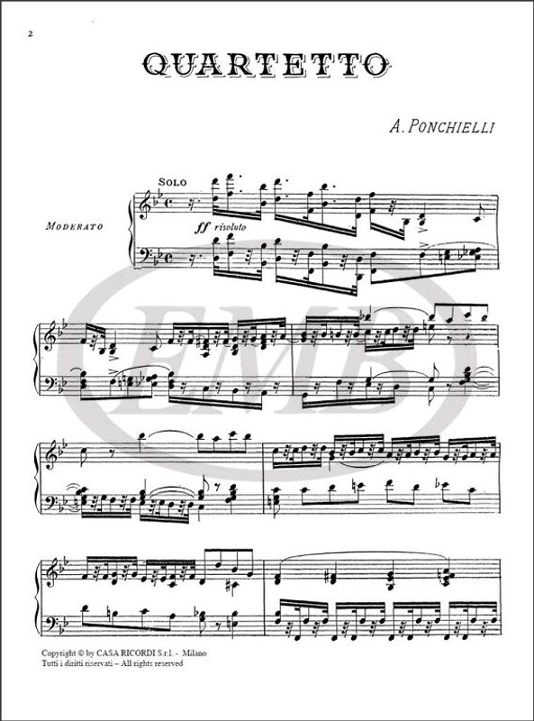 Ponchielli, Amilcare: QUARTETTO, PER FLAUTO, OBOE, CLARINETTO IN MIB E IN SIB / E PIANOFORTE - PARTITURA / score and parts / Ricordi 