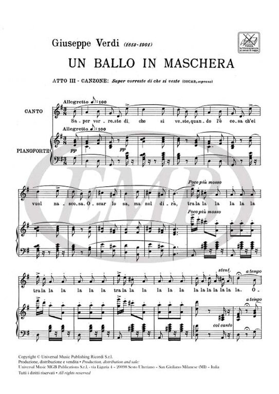 Verdi, Giuseppe: Un ballo in maschera. Atto III: Saper vorreste di che si veste / per canto e pianoforte / Ricordi 