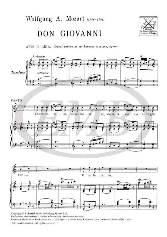 Mozart, Wolfgang Amadeus: VEDRAI, CARINO, SE SEI BUONINO / (DALL'OPERA DON GIOVANNI), PER CANTO E PIANOFORTE / Ricordi / 1984 