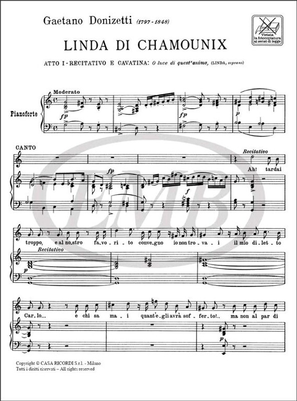 Donizetti, Gaetano: O LUCE DI QUEST'ANIMA / DALL'OPERA LINDA DI CHAMOUNIX / Ricordi / 1984 