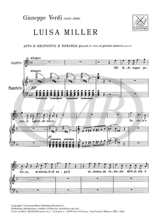 Verdi, Giuseppe: Luisa Miller. Atto II: Quando le sere al placido (Rodolfo) / per canto e pianoforte / Ricordi / 1978