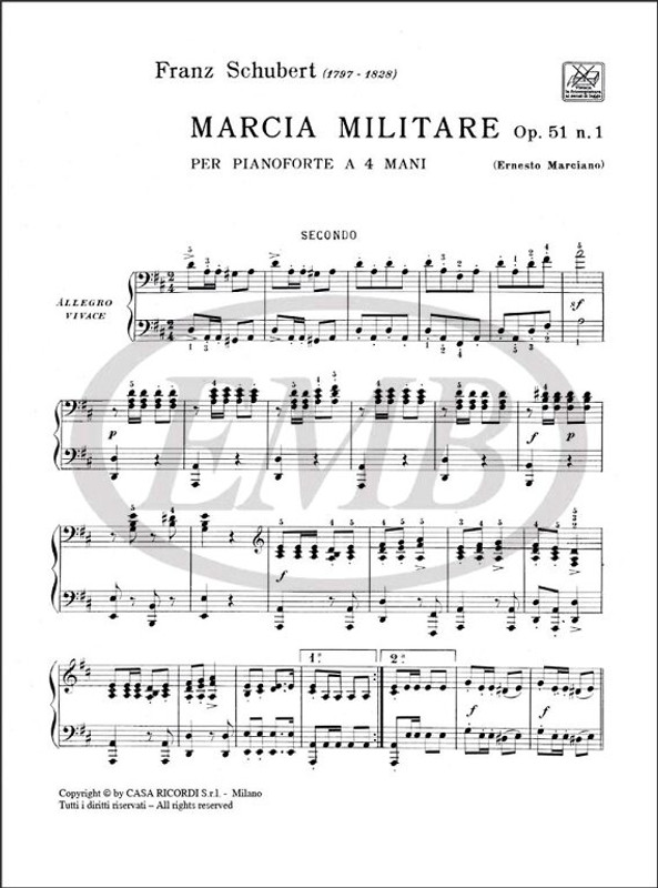 Schubert, Franz: 3 MARCE MILITARI OP.51 D.733: N.1 / PER PIANOFORTE A 4 MANI / Ricordi