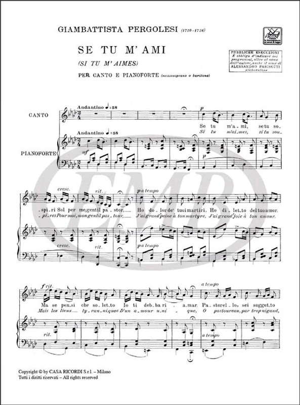 Pergolesi, Giovanni Battista: SE TU M'AMI / Ricordi / 1984