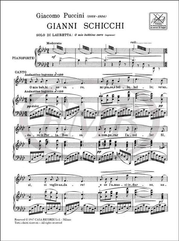 Puccini, Giacomo: O MIO BABBINO CARO (DALL'OPERA GIANNI SCHICCHI) / PER CANTO E PIANOFORTE - SOPRANO / Ricordi 