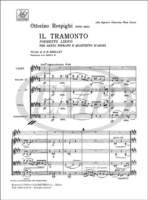 Respighi, Ottorino: TRAMONTO POEMETTO LIRICO PER MS. E QUART. D'ARCHI / Ricordi