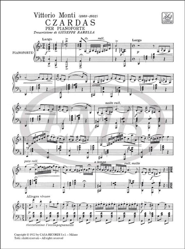 Monti, Vittorio: CZARDAS N.1, PER PIANOFORTE / TRASCRIZIONE DI GIUSEPPE RAMELLA / Ricordi