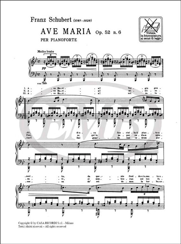Schubert, Franz: AVE MARIA OP.52 N.6 D.839 / PER PIANOFORTE / Ricordi / 1984