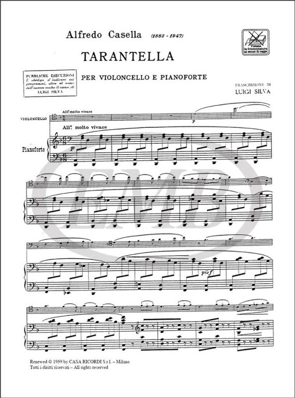 Casella, Alfredo: TARANTELLA PER VIOLONCELLO E PIANOFORTE / Ricordi / 1984