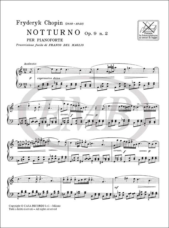 Chopin, Frédéric: NOTTURNI, OP. 9 N. 2 - IN MI BEMOLLE / PER PIANOFORTE / Ricordi / 1984