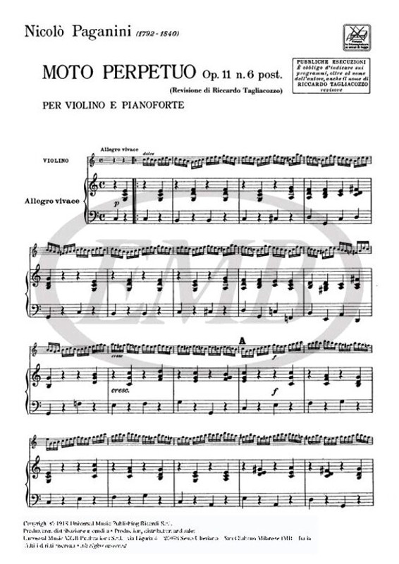 Paganini, Niccolo: MOTO PERPETUO OP.11 N.6 (ALLEGRO DA CONCERTO) / PER VIOLINO E PIANOFORTE / Ricordi