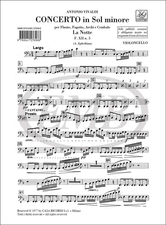 Vivaldi, Antonio: CONC.SOL MIN. F.XII N.5 SET PARTI (EPHRIKI / parts / Ricordi / 1994