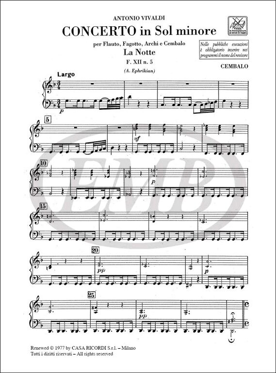 Vivaldi, Antonio: CONC.SOL MIN. F.XII N.5 SET PARTI (EPHRIKI / parts / Ricordi / 1994