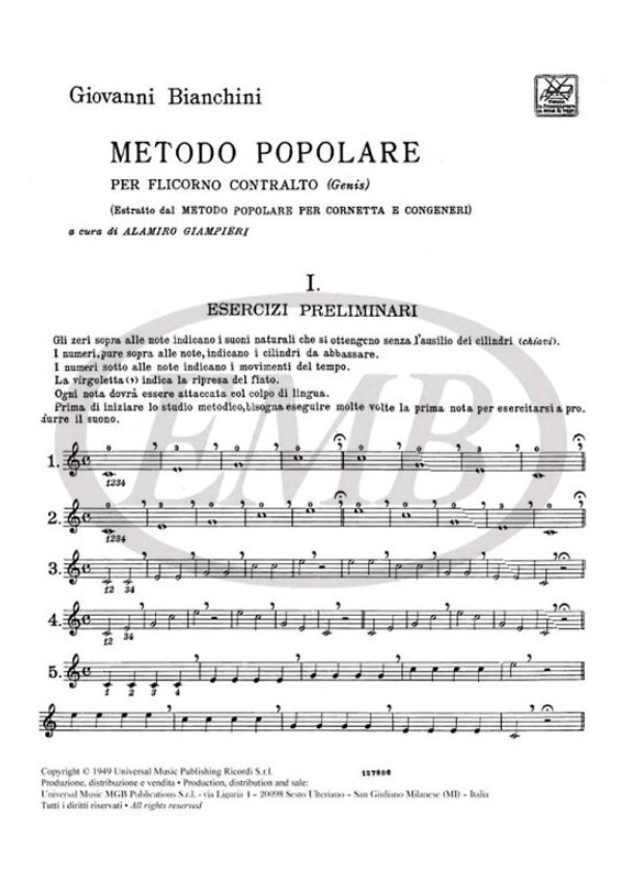 Bianchini, Guido: METODO POPOLARE PER FLICORNO CONTRALTO (GENIS) / RIORDINATO E RINOVATO DA ALAMIRO GIAMPIERI / Ricordi / 1984