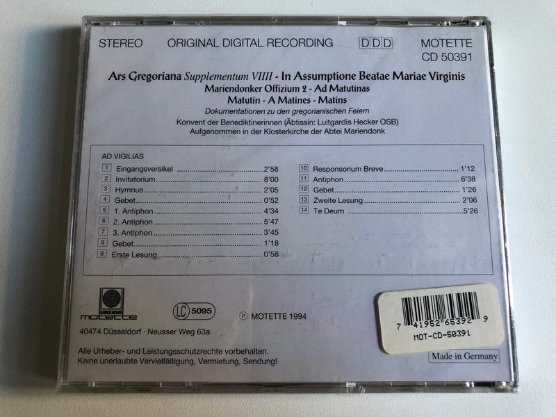 Ars Gregori - Supplementum VIIII - In Assumptione Beatae Mariae Virginis / Mariendonker Offizium , Ad Matutinas / Motette Audio CD 1994 Stereo / CD 50391