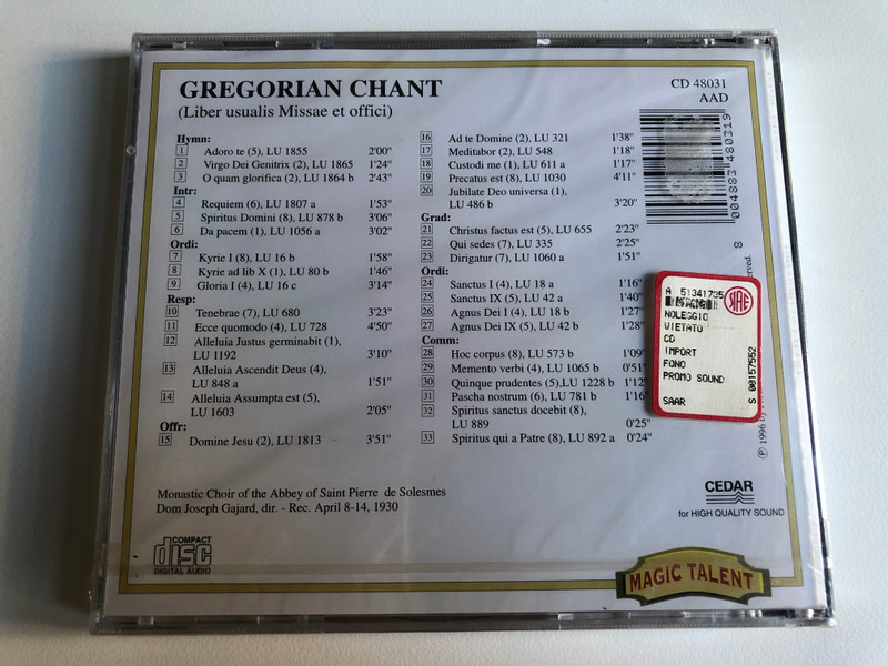 Gregorian Chant (Liber Usualis Missae Et Offici) / Magic Talent Audio CD 1996 / CD 48031 (8004883480319)