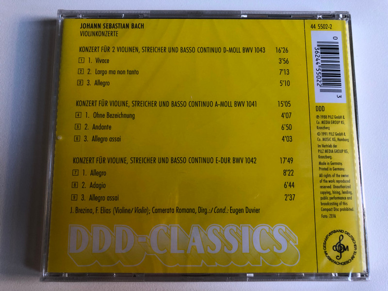 Johann Sebastian Bach – Violin Konzerte / DDD-Classics Audio CD 1988 / 44 5502-2