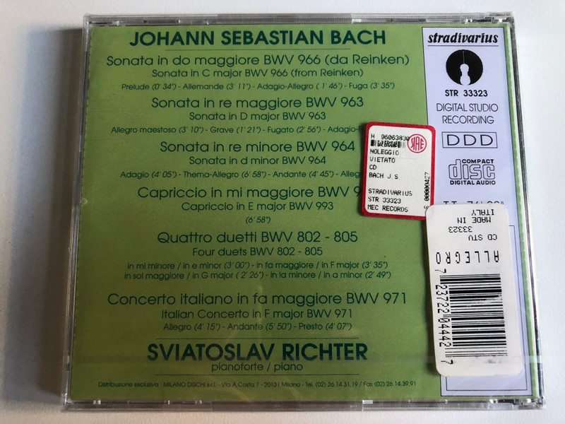 Bach - Tre Sonate; Concerto Italiano; Quattro Duetti; Capriccio - Sviatoslav Richter / Un Homme De Concert - 3 / Stradivarius Audio CD / STR 33323