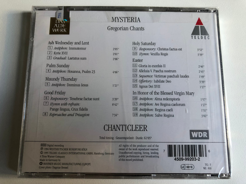 Chanticleer – Mysteria (Gregorian Chants) / Teldec Audio CD 1995 / 4509-99203-2