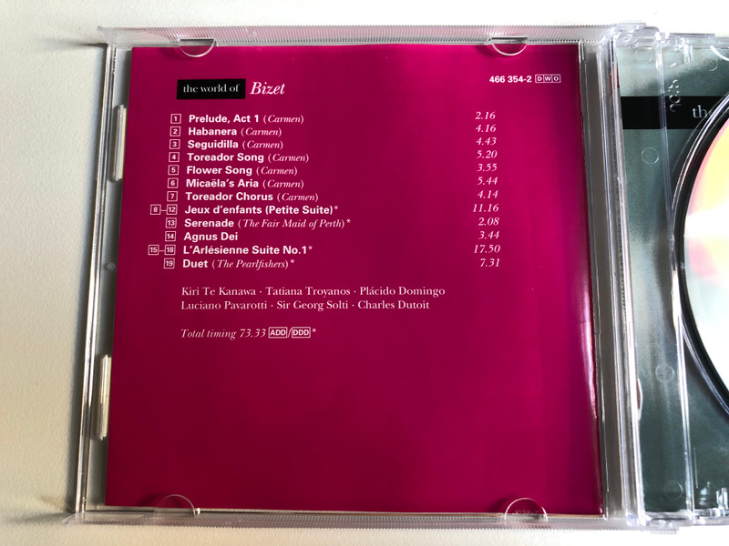 The World Of Bizet / Programme includes Pearfishers duet, Selections from Carmen including Habanera, Toreador Song, Seguidilla, Flower Song, L'Arlesienne Suite, Agnus Dei, Jeux d'enfants / Decca Audio CD 1999 Stereo / 466 354-2