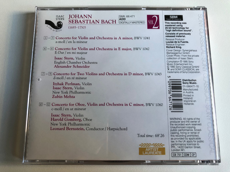 J.S. Bach - Violin Concertos BWV 1041/42; Double Concerto BWV 1043; Concerto For Violin And Oboe BWV 1060 - Isaac Stern / Isaac Stern, Itzhak Perlman, Harold Gomberg / Sony Classical Audio CD 1995 / SMK 66 471