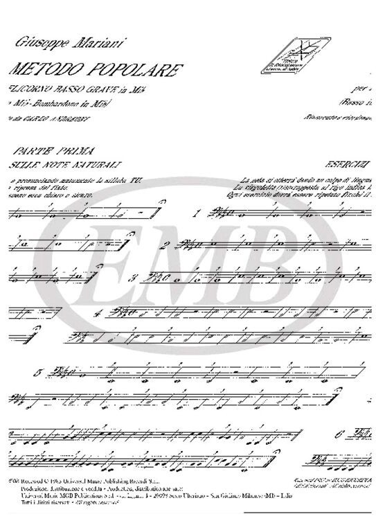 Mariani, Giuseppe: METODO POPOLARE PER FLICORNO BASSO GRAVE IN MI BEM., BASSO / IN MI BEM., BOMBARDONE IN MI BEM. / Ricordi / 1984