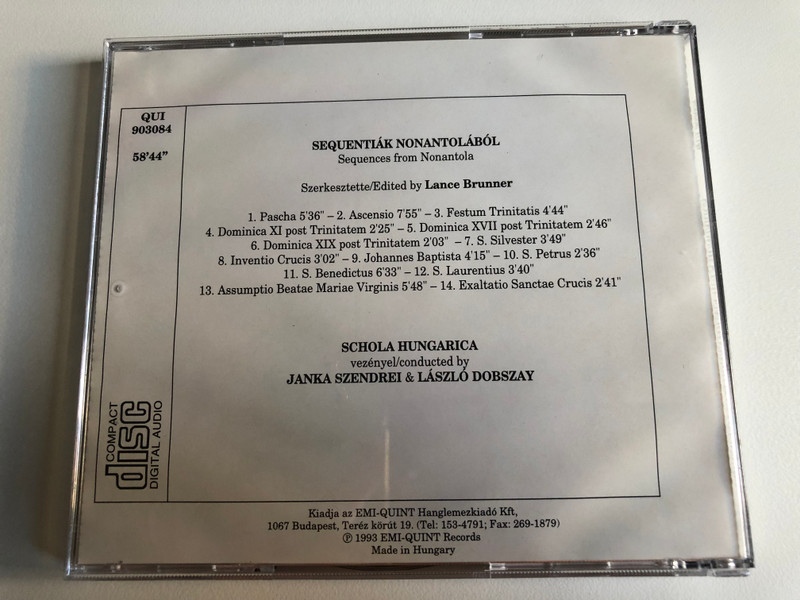Sequences From Nonantola - Sequentiák Nonantolából - Schola Hungarica, Janka Szendrei & László Dobszay / Quint Audio CD 1993 / QUI 903084