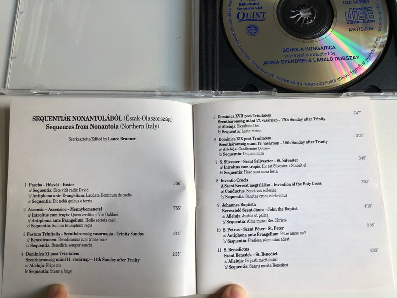 Sequences From Nonantola = Sequentiák Nonantolából - Schola Hungarica, Janka Szendrei & László Dobszay / Quint Audio CD 1993 / QUI 903084