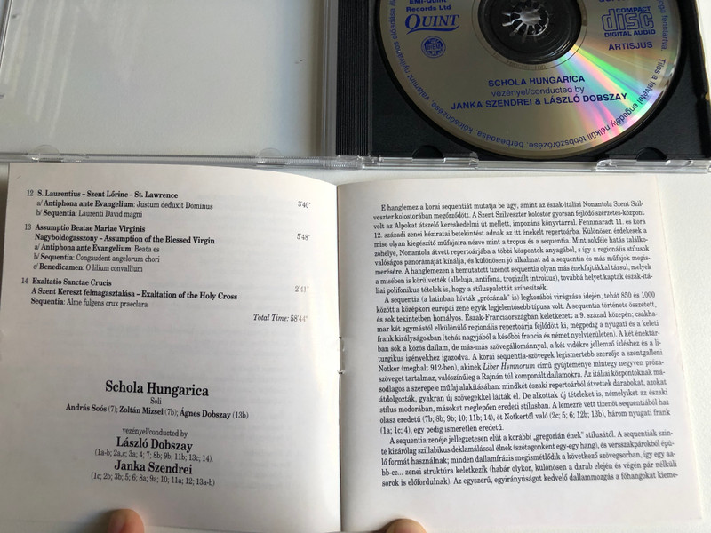 Sequences From Nonantola = Sequentiák Nonantolából - Schola Hungarica, Janka Szendrei & László Dobszay / Quint Audio CD 1993 / QUI 903084