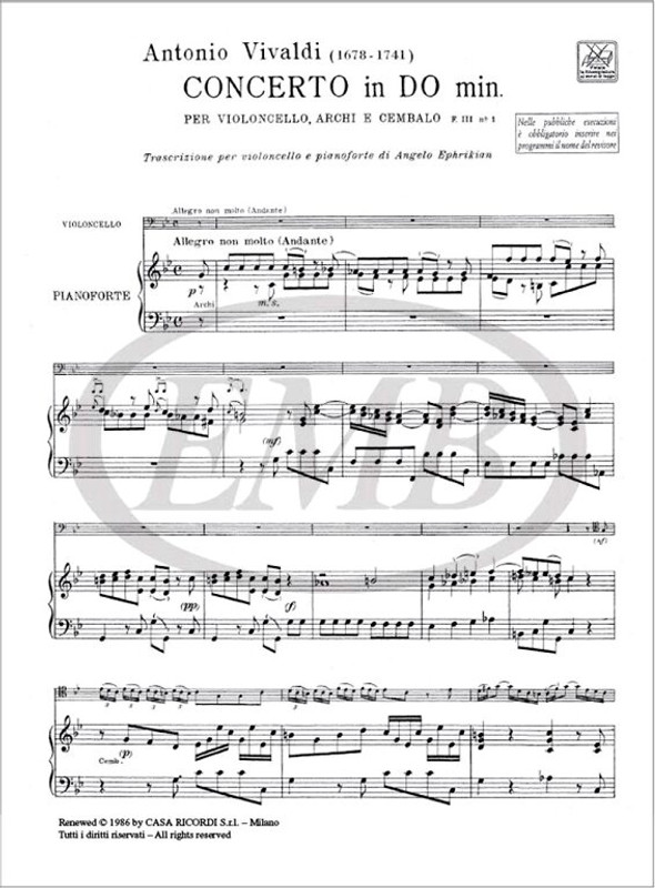 Vivaldi, Antonio: CONCERTO IN DO MINORE, PER VIOLONCELLO, ARCHI E CEMBALO / RV 401 - F III, 1 / Ricordi