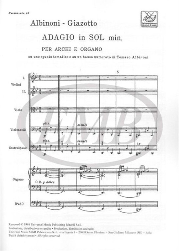 Albinoni, Tomaso: ADAGIO IN SOL MINORE, PER ARCHI E ORGANO / SU DUE SPUNTI TEMATICI E SU UN BASSO NUMERATO / Arranged by Giazotto, Remo / Ricordi