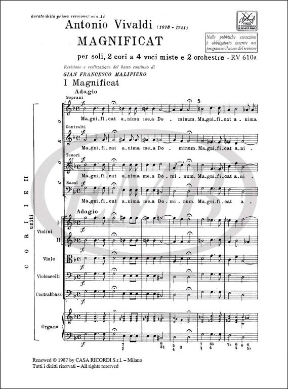 Vivaldi, Antonio: MAGNIFICAT. CANTICO PER SOLI, 2 CORI A 4 VOCI MISTE E ORCH / RV 610A/611 / Ricordi / 1984
