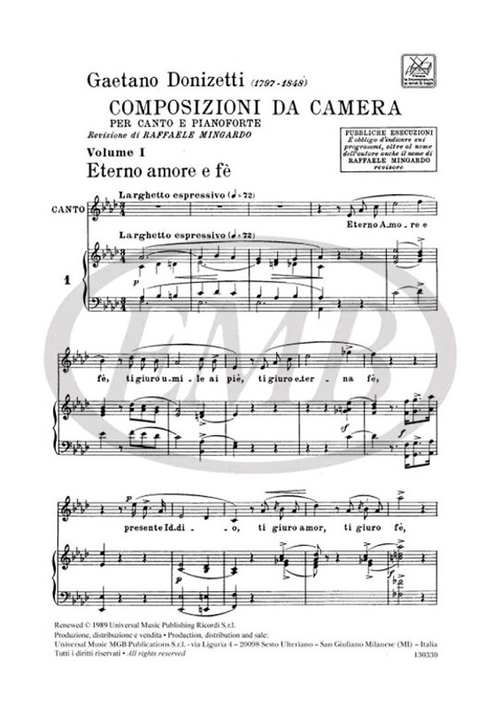 Donizetti, Gaetano: 12 COMPOSIZIONI DA CAMERA. VOL. I / PER CANTO E PIANOFORTE / Ricordi