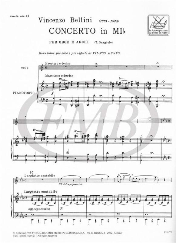 Bellini, Vincenzo: CONCERTO IN MI BEMOLLE, PER OBOE E ARCHI / (REVISIONE DI T. GARGIULO) / Ricordi