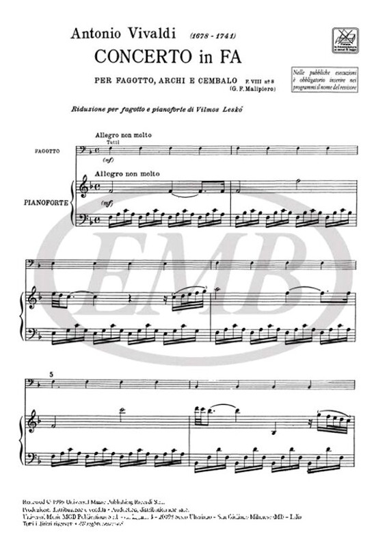 Vivaldi, Antonio: Concerto in fa, per fagotto, archi e cembalo / RV 485 / piano score / Ricordi