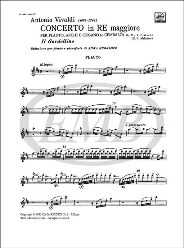 Vivaldi, Antonio: CONCERTO IN RE MAGGIORE PER FLAUTO, ARCHI E ORGANO / (O CEMBALO) 'IL GARDELLINO' / Ricordi