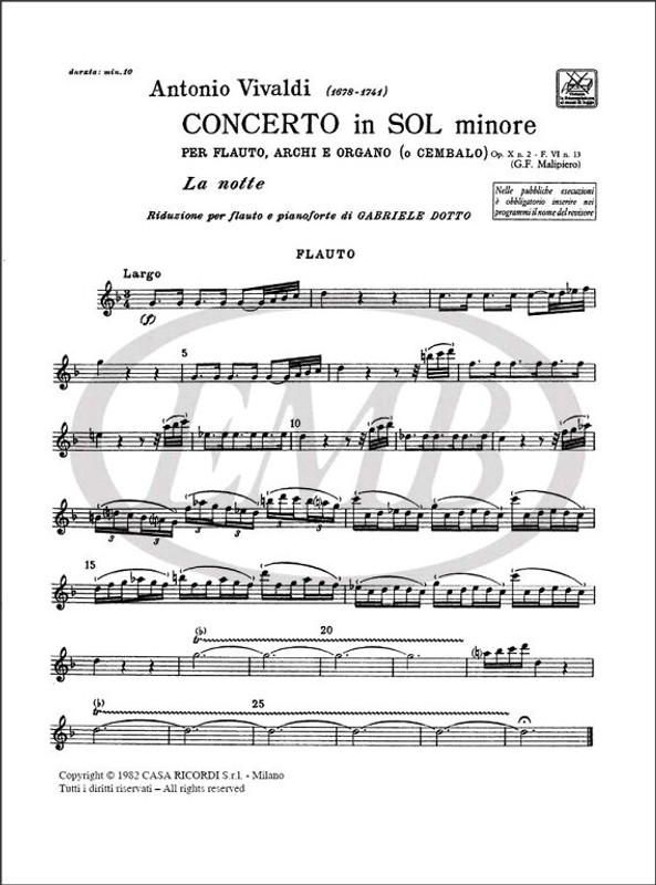 Vivaldi, Antonio: CONC. PER FL., ARCHI E B.C.: IN SOL MIN. 'LA NOTTE' OP.X N / .2 - RV 439 - F.VI/13 / Ricordi