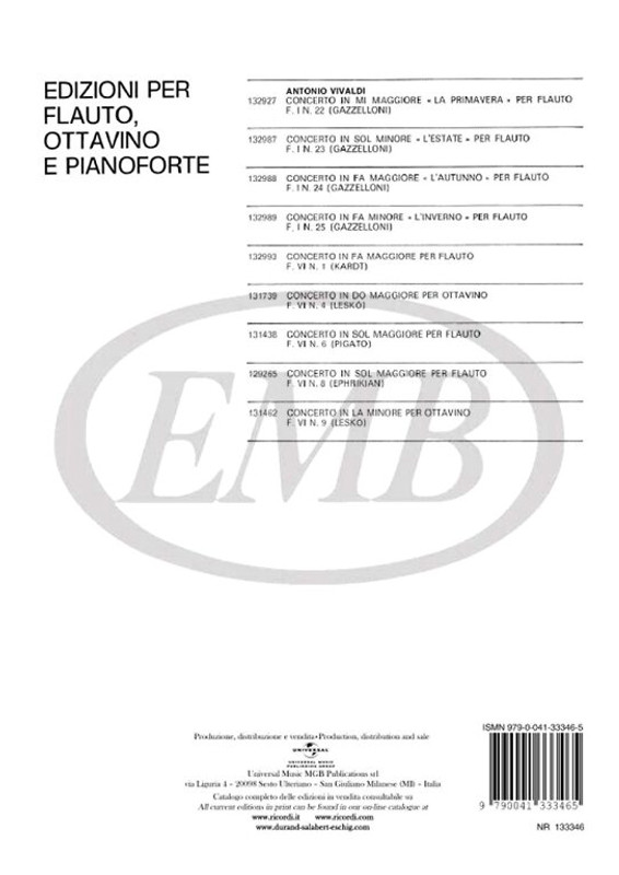 Vivaldi, Antonio: CONC. PER FL., ARCHI E B.C.: IN SOL MIN. 'LA NOTTE' OP.X N / .2 - RV 439 - F.VI/13 / Ricordi