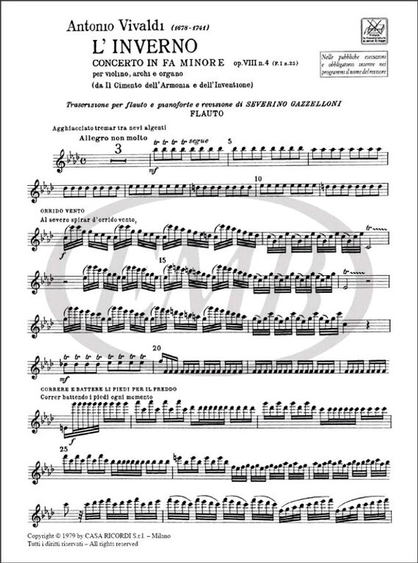 Vivaldi, Antonio: CONC. PER VL., ARCHI E B.C.: IN FA MIN. 'L'INVERNO' OP.VII / I N.4 - RV 297 - F.I/25 / Ricordi