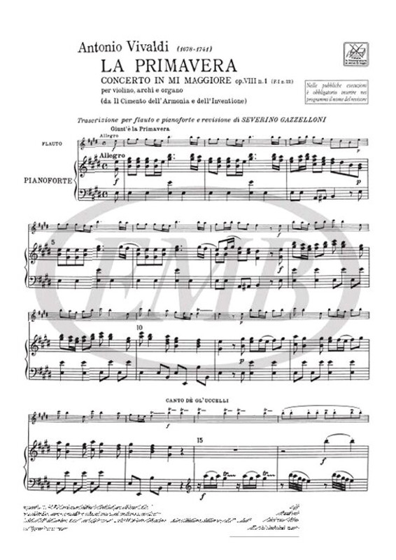 Vivaldi, Antonio: CONC. PER VL., ARCHI E B.C.: IN MI 'LA PRIMAVERA' OP.VIII / N.1 - RV 269 - F.I/22 / Ricordi