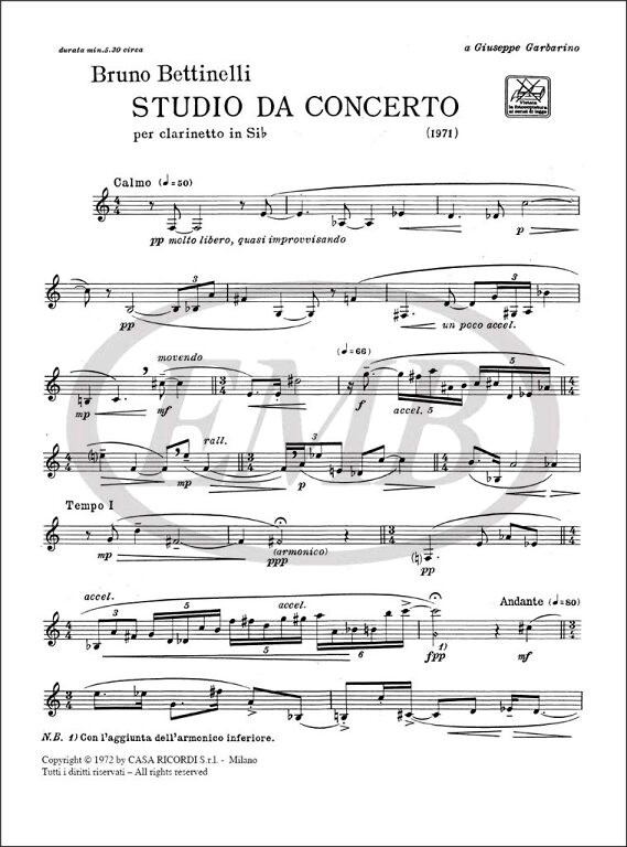 Bettinelli, Bruno: STUDIO DA CONCERTO / PER CLARINETTO IN SI BEM. / Ricordi
