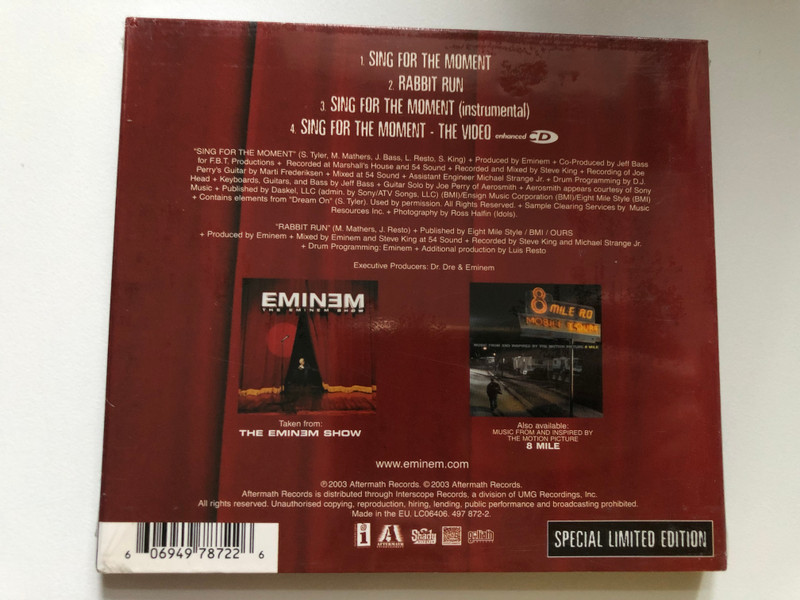 Eminem – Sing For The Moment / Including Rabbit Rum and The Music Video / Aftermath Entertainment Audio CD 2003 / 497 872-2