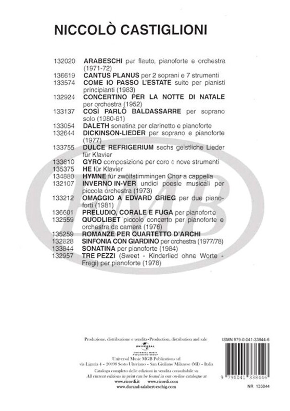 Castiglioni, Niccolo: SONATINA PER PF. / Ricordi / 1988