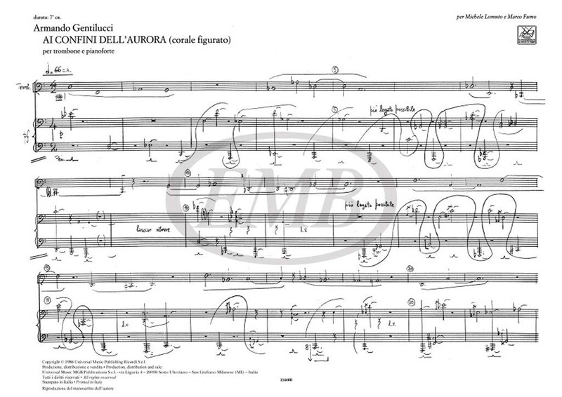 Gentilucci, Ottorino, Gentilucci, Armando: AI CONFINI DELL'AURORA. CORALE FIGURATO PER TRBN. E PF. / Ricordi / 1989 Gentilucci, Ottorino, Gentilucci, Armando: AI CONFINI DELL'AURORA. CORALE FIGURATO PER TRBN. E PF. / Ricordi / 1989