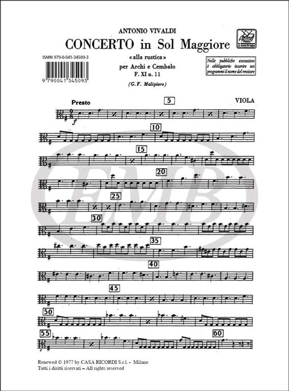 Vivaldi, Antonio: CONC. PER ARCHI E B.C.: IN SOL 'ALLA RUSTICA' RV 151 - F.X / I/11 / parts / Ricordi / 1987