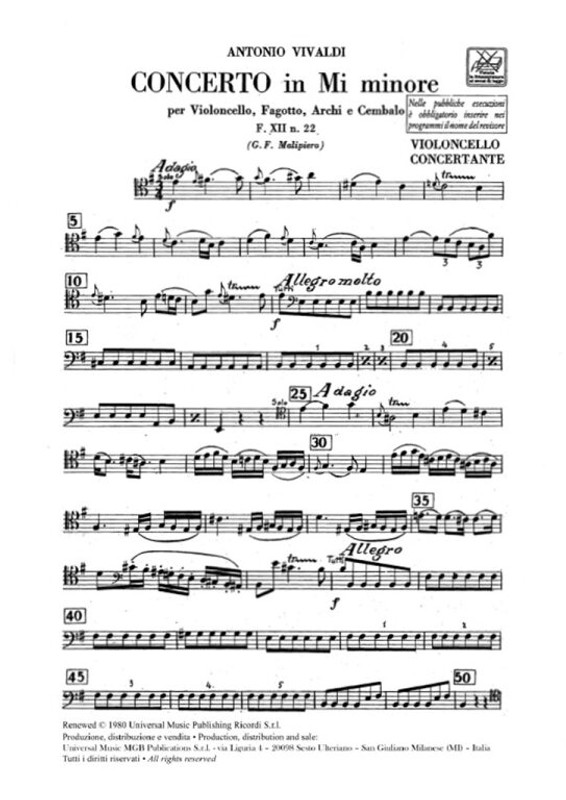 Vivaldi, Antonio: CONC. PER STRUM. DIVERSI, ARCHI E B.C.: IN MI MIN. PER VC. / E FG. RV 409 - F.XII/22 / parts / Ricordi / 1987