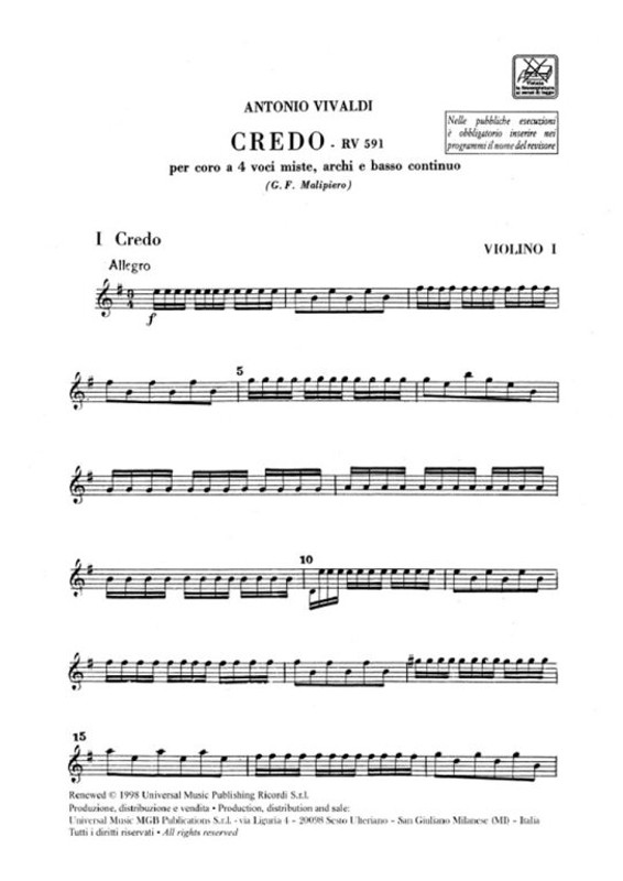 Vivaldi, Antonio: CREDO PER CORO A 4 VOCI MISTE E ORCH. RV 591 / parts / Ricordi / 1987