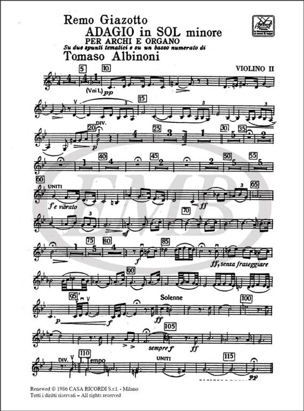 Albinoni, Tomaso: ADAGIO IN SOL MINORE PER ARCHI E ORGANO / PARTI (ARCHI: 3 VLI, 3 VLII, 2 VLA, 2 VC, 1 CB , ORG) / Arranged by Giazotto, Remo / Ricordi